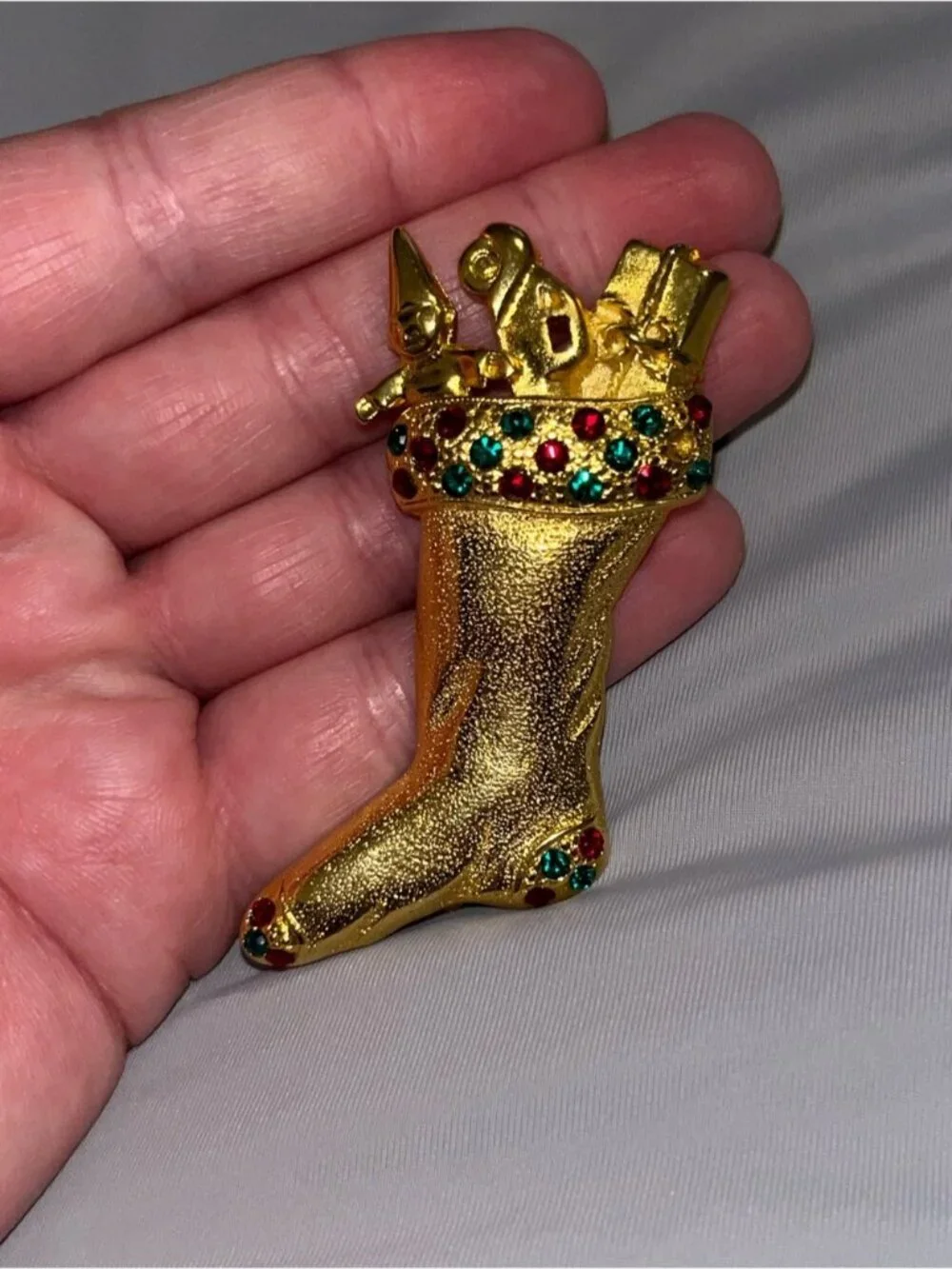 Vintage Gold Stocking Brooch with Red & Green Accents